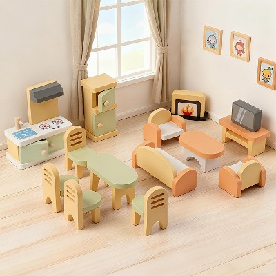 Etokfoks 35pcs Wooden Dollhouse Furniture Set 5 Room Kit with Dolls Pretend Play Accessories for Kids Ages 3 to 8 Birthday Gift — фото 2