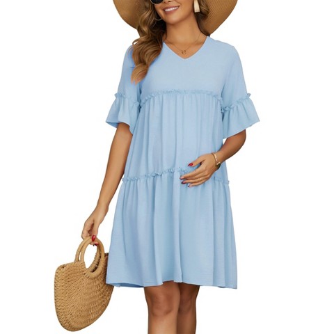 Женские платья INSPIRE CHIC Women's Maternity Dress Babydoll Bohemian Tiered Ruffled Bell Sleeve Casual V Neck Boho Pregnancy Dresses Medium Blue