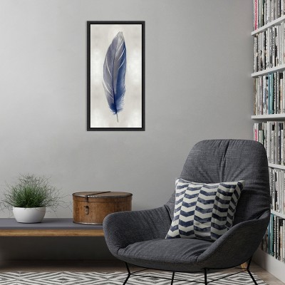 Blue Feather on Silver II Vertical Canvas Print with Black Frame