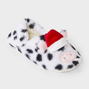 Women's Holiday Cow with 3D Santa Hat Christmas Faux Fur Slipper Socks with Grippers - Wondershop™ Red M/L - 1 of 4