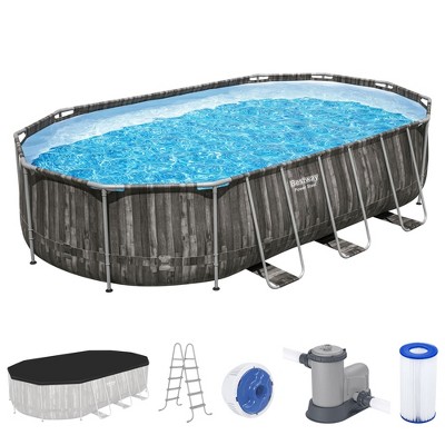 Bestway Power Steel Oval Metal Frame Above Ground Outdoor Backyard Swimming Pool Set with Filter Pump, Ladder, and Pool Cover