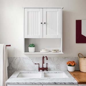 VANIRROR White Bathroom Wall Cabinet with Towel Bar, Wooden Medicine Cabinet ,Over Toilet Storage Cabinet for Bathroom, Kitchen, Laundry - 1 of 4