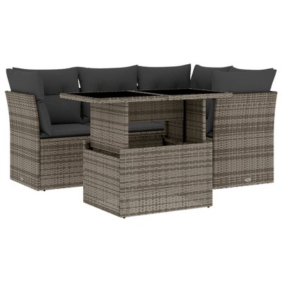 vidaXL 5 Piece Patio Sofa Set with Cushions Gray Poly Rattan - Gray without storage