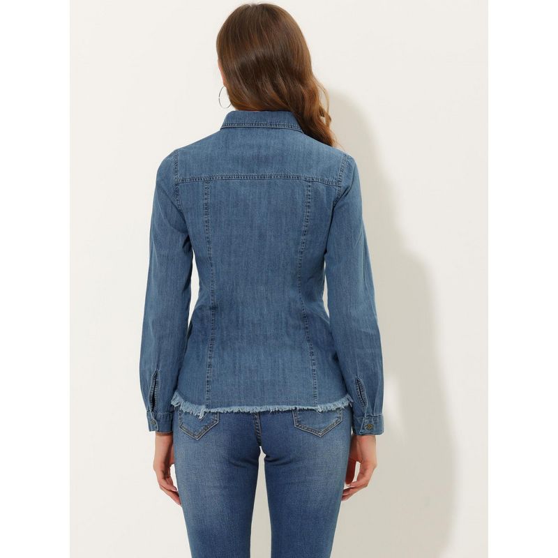Allegra K Women's Jeans Long Sleeve Button Down Distressed Frayed Denim Shirt, 4 of 6