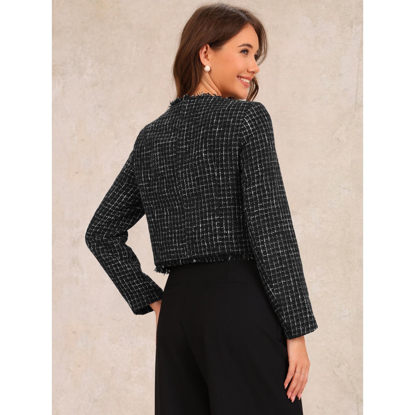 Женский пиджак Allegra K Plaid Tweed Crew Neck Cropped Button Up Elegant Work Blazer Black, цвет: Чёрный — фото 3