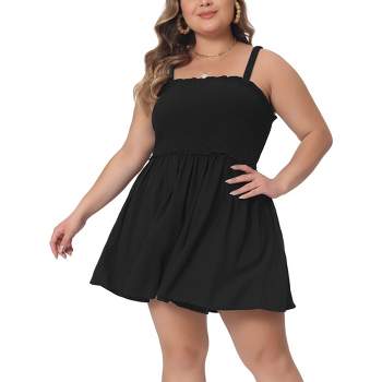 Agnes Orinda Women's Plus Size Sleeveless Square Collar Flowy with Pockets Summer Smocked Casual Rompers
