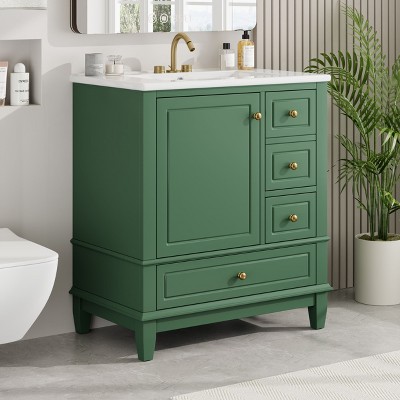 30 Inch Vintage Bathroom Vanity with Sink, One Door with Shelf and Three Drawers, Soft Close Door-Christopher Knight Home