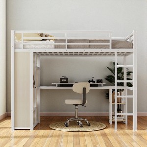 Queen Size Metal Loft Bed with Built-in Wardrobe, Desk and Storage Shelves, Space-Saving Workstation Loft Bed Frame,kids bed - 1 of 4