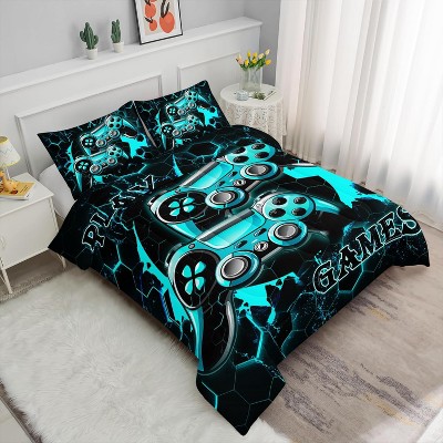 Acoinel 3 Pcs Gaming Controller Lightwight Ultra Soft Comforter Set with 2 Pillowcases, FULL, Black