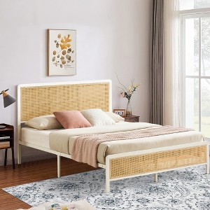Rattan Boho Platform Bed Frame with Light Headboard with Sturdy Steel Slat Support, Heavy-Duty Steel, No Box Spring Needed - 1 of 4