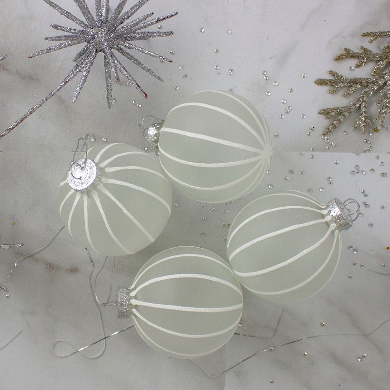 Northlight 4ct Clear Frosted and White Glitter Striped Matte Glass Christmas Ball Ornaments 3.5" (90mm), 3 of 4