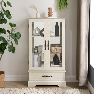 47.4 in Lighted Glass Curio Cabinet with Mirrored Back and Adjustable Shelves, Vintage Display Case with Drawer for Living Room-3irtyhousy - 1 of 4