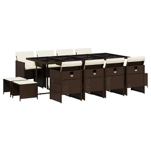 vidaXL 13 Piece Patio Dining Set with Cushions - Brown Poly Rattan Outdoor Garden Furniture, Compact Storage, Glass Tabletop - 1 of 4