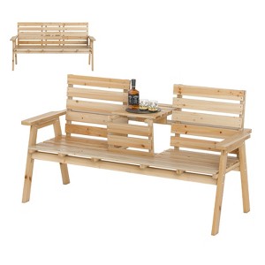 Tangkula Outdoor Fir Wood Bench w/ Foldable Middle Table w/ Backrest & Armrests - 1 of 4
