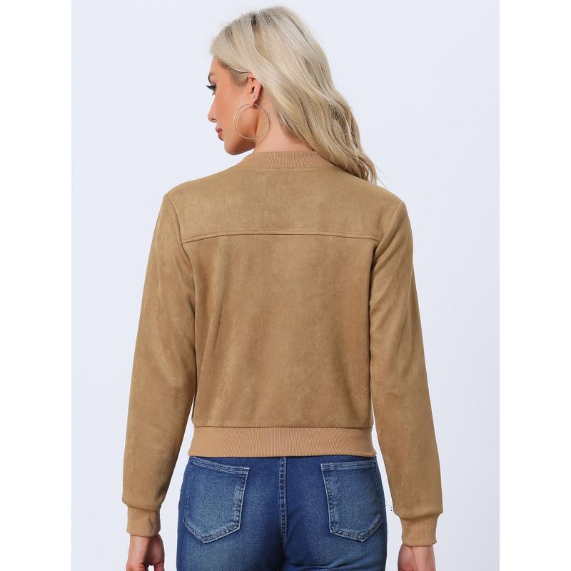 Allegra K Women's Faux Suede Cropped Stand Collar Zip-Up Bomber Jackets, 3 of 6