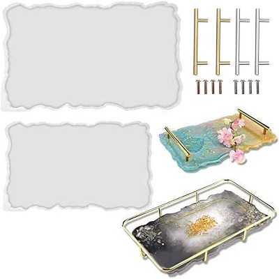 JDICTION 14" XL Rectangle Silicone Mold Set - 2 Sizes Geode Tray With Gold/Silver Handles For Epoxy Resin DIY