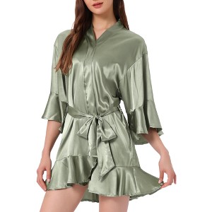 cheibear Women's Satin One Piece Pajama Silky 3/4 Sleeves Tie Waist Loungewear Robes - 1 of 4