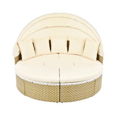 Nestfair Wicker Outdoor Round Sectional Daybed with Retractable Canopy Cushions