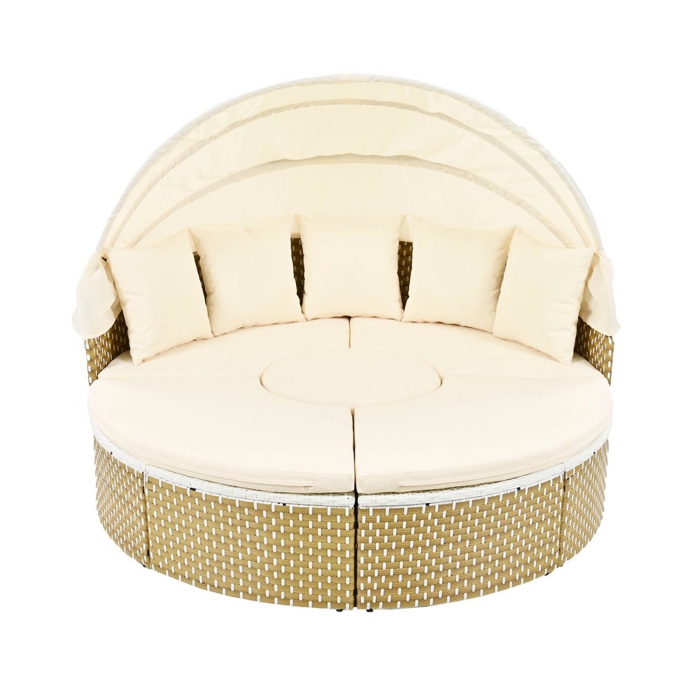 Nestfair Wicker Outdoor Round Sectional Daybed with Retractable Canopy and Cushions Beige
