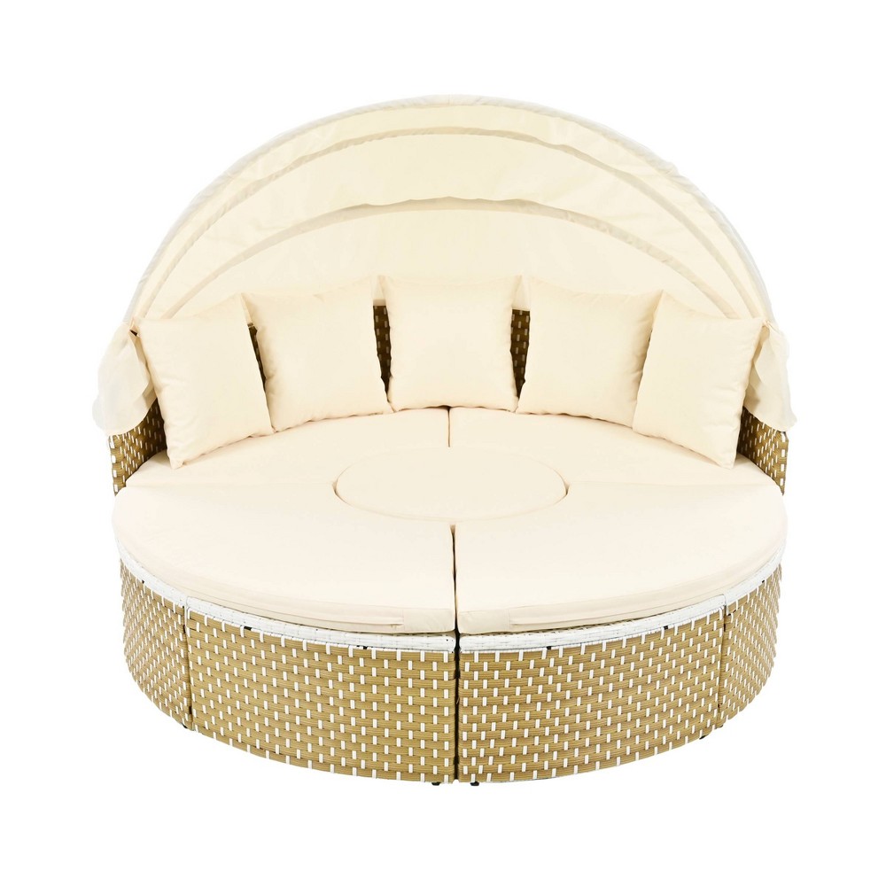 Photos - Sofa Nestfair Wicker Outdoor Round Sectional Daybed with Retractable Canopy and Cushions Beige