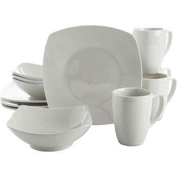 Gibson Home Zen Buffetware Versatile 12 Piece Square Dinnerware Dish Set with Multi Sized Plates, Bowls, and Mugs, White