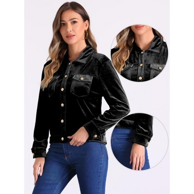 Allegra K Women's Velvet Button Up Long Sleeve Crop Jacket Black Medium — фото 2