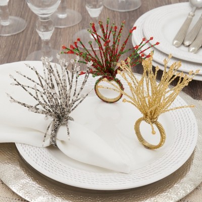 Silver Beaded Burst Design Napkin Rings Set of 4