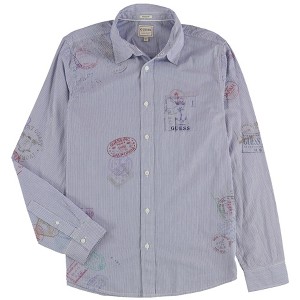 GUESS Mens Striped Stamp-Print Button Up Shirt - 1 of 2