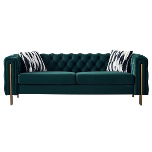 84.25" Velvet Chesterfield Sofa with Tufted Back, Gold Metal Legs and Black & White Striped Pillows - 1 of 4
