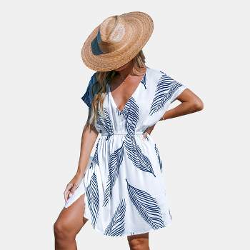 Women's Navy & White Palm Leaf Dolman Sleeve Mini Cover-Up - Cupshe