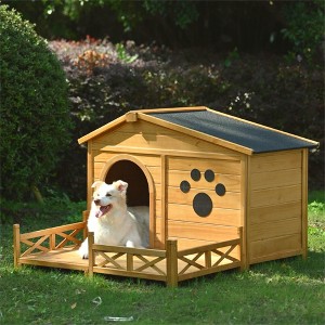 CAVINAS 58"W Pet House with Water-Resistant Asphalt Roof and Fencing,Pet Crate with Porch,Dog Kennel with Paw Print for Indoor and Outdoor,Natural - 1 of 4