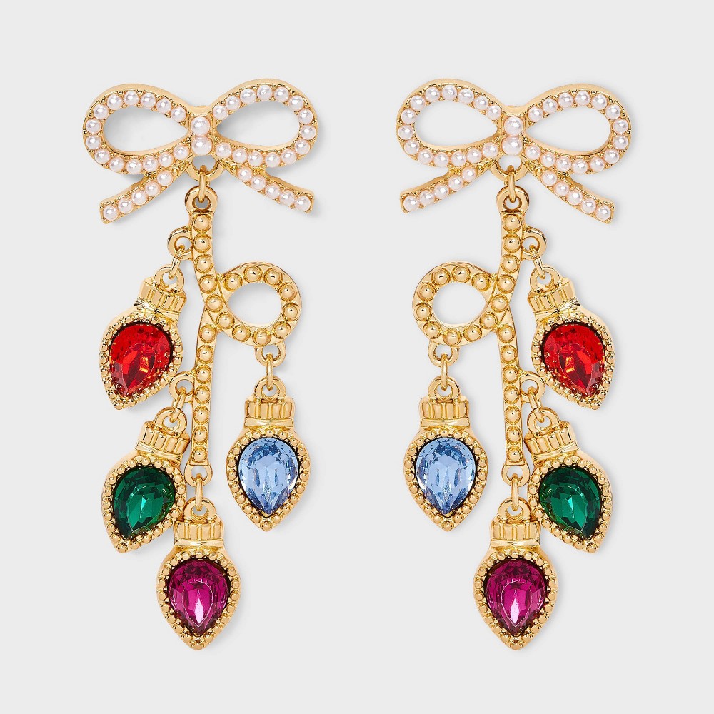 Christmas Bow with Lights Drop Earrings - Gold