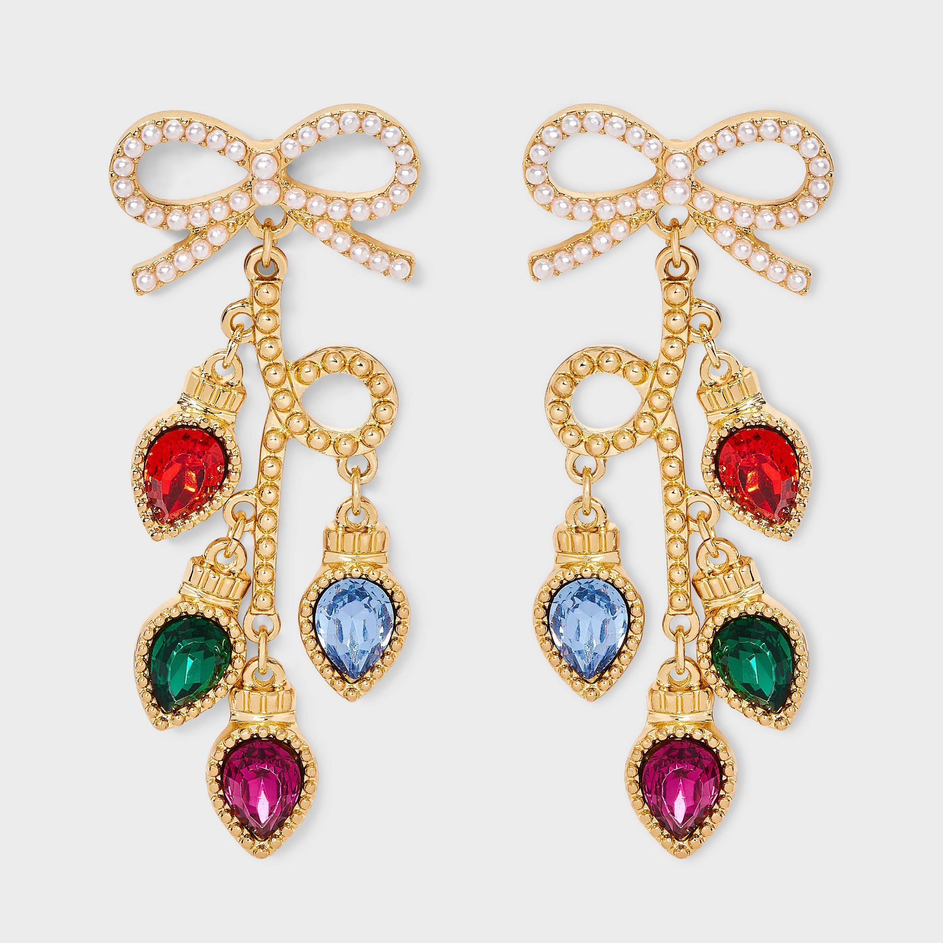 Christmas Bow with Lights Drop Earrings - Gold