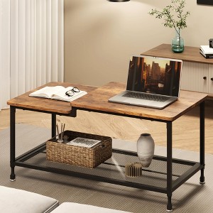 GustoWave Small Wood Coffee Table, 2-Tier Center Table with Mesh Shelf Storage for Living Room, Bedroom, Office, Rustic Brown - 1 of 4