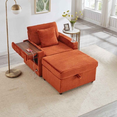 Single Sofa with Storage Ottoman, Multi-Functional Sofa with USB and Foldable Side Table, Corduroy Lazy Sofa with Wood Frame-Coolbibila