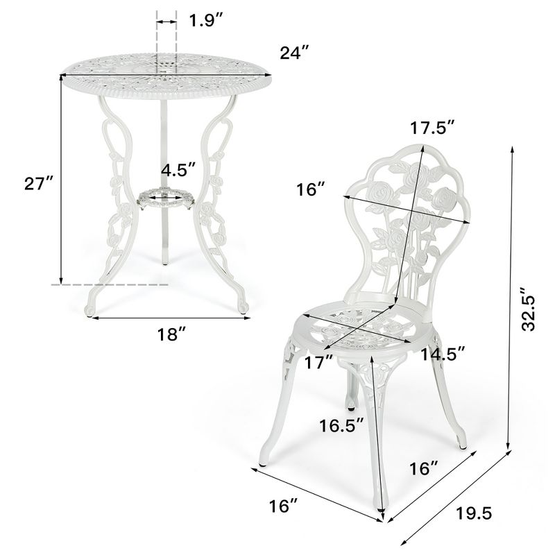 Costway 3PCS Cast Aluminum Patio Bistro Furniture Set Rose Design Outdoor White, 3 of 11