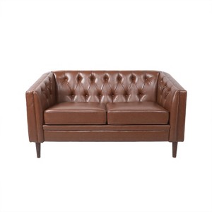 Christopher Knight Home Cantrell Faux Leather Tufted Loveseat cognac Brown/Espresso - 1 of 4