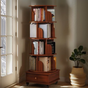 360° Rotating Vertical Bookcase with Open Shelves and Drawer, Space-Saving Bookshelf for Corners and Small Rooms-3irtyhousy - 1 of 4