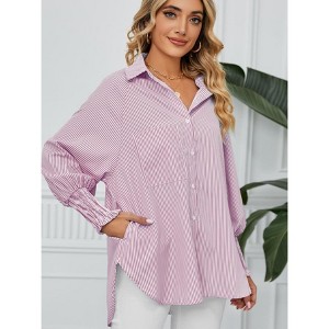 Women's Striped Print Shirred Long Sleeve Button Down Pocket Blouse Shirt Top - 1 of 4