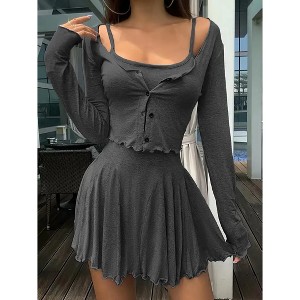 Women's 2 - Piece Set Ruffled Spaghetti Strap Dress with Long Sleeve Button Down Top - 1 of 3