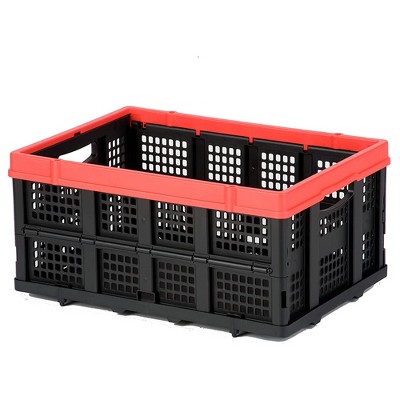 Magna Cart 63L (16.6 Gal) Collapsible Milk Crate, Stackable Plastic Storage Bin, Lightweight, Heavy Duty Crate Holds 55lbs, Black / Red