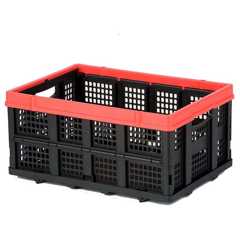 Magna Cart Tote 22" x 16" x 11" Lightweight Collapsible and Stackable Plastic Storage Crate for Home Offices and Garages, Black/Red (2 Pack), 2 of 7