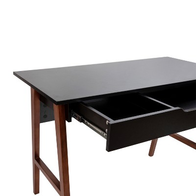 Black and Walnut Wood Writing Desk with Storage Drawer