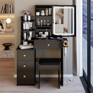 Small Vanity Desk with Mirror and Lights, Makeup Vanity Desk Drawers and Shelves, 3 Lighting Mode Adjustable Lighting, Dressing Table - 1 of 4