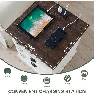 White and Brown Wood Nightstand with Charging Station and 2 Drawers
