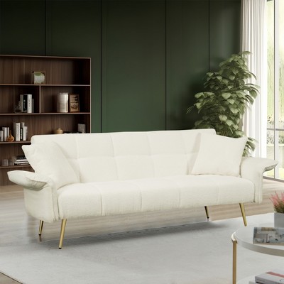 YONWAY Upholstered Teddy Fleece Sofabed, convertible double sofa bed, W/Metal Legs & Pillows, for Living Room,Bedroom,Apartment