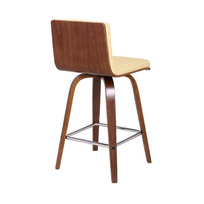 26" Cream Faux Leather and Walnut Wood Swivel Bar Stool