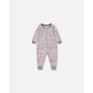 Deux par Deux Girl Printed Organic Cotton One-Piece Pajama Pale Pink Flowers on Neutral Lilac - 1 of 3