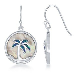 Opalata Sterling Silver Round MOP with Blue Inlay Opal Palm Tree Earrings - Blue - 1 of 2