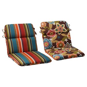 Outdoor Reversible Rounded Chair Cushion - Brown/Turquoise Floral/Stripe